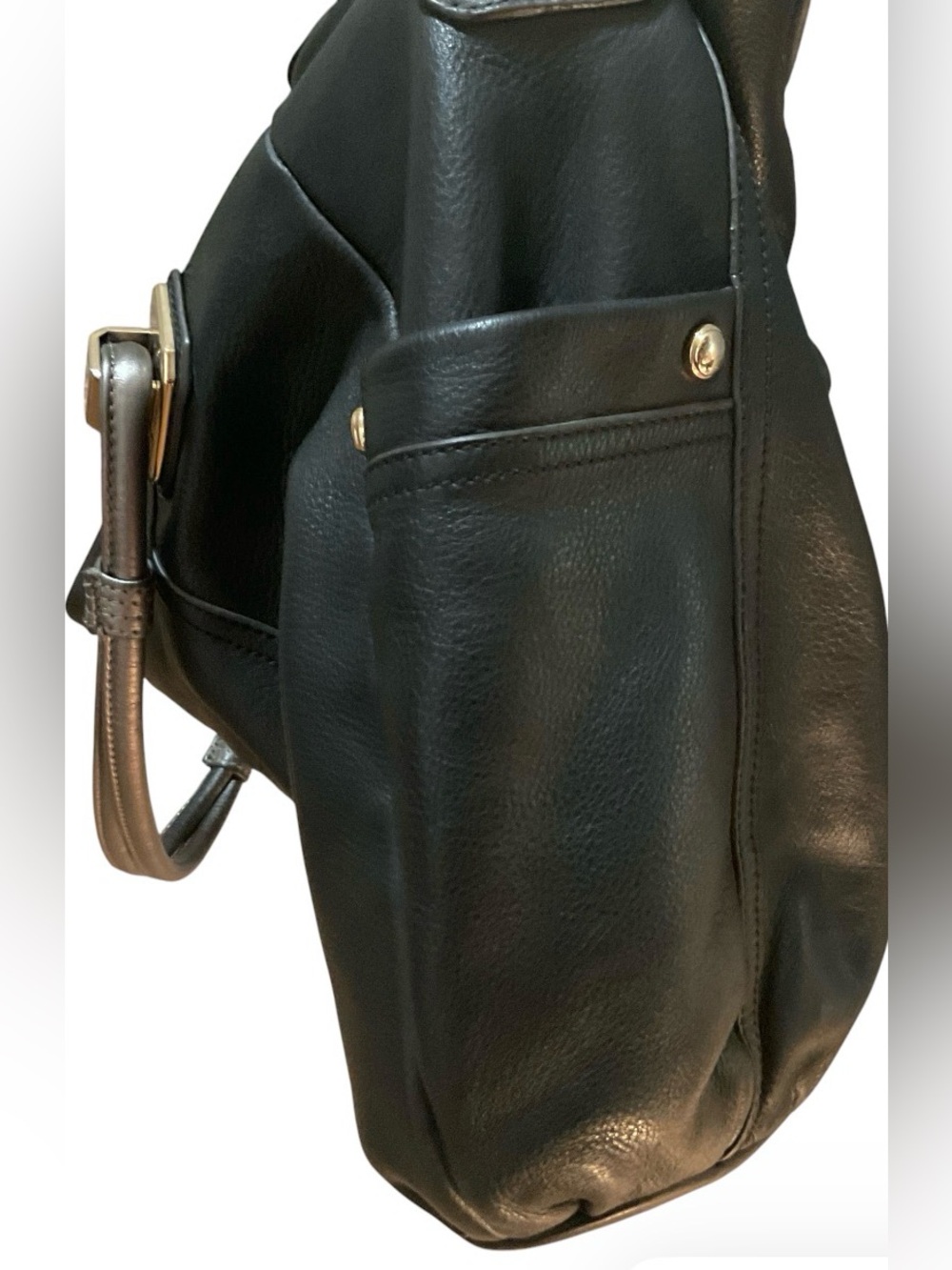 B Makowsky Pebbled Leather Magnetic Close Purse Handbag Black/Gray Double Handle - Picture 4 of 12